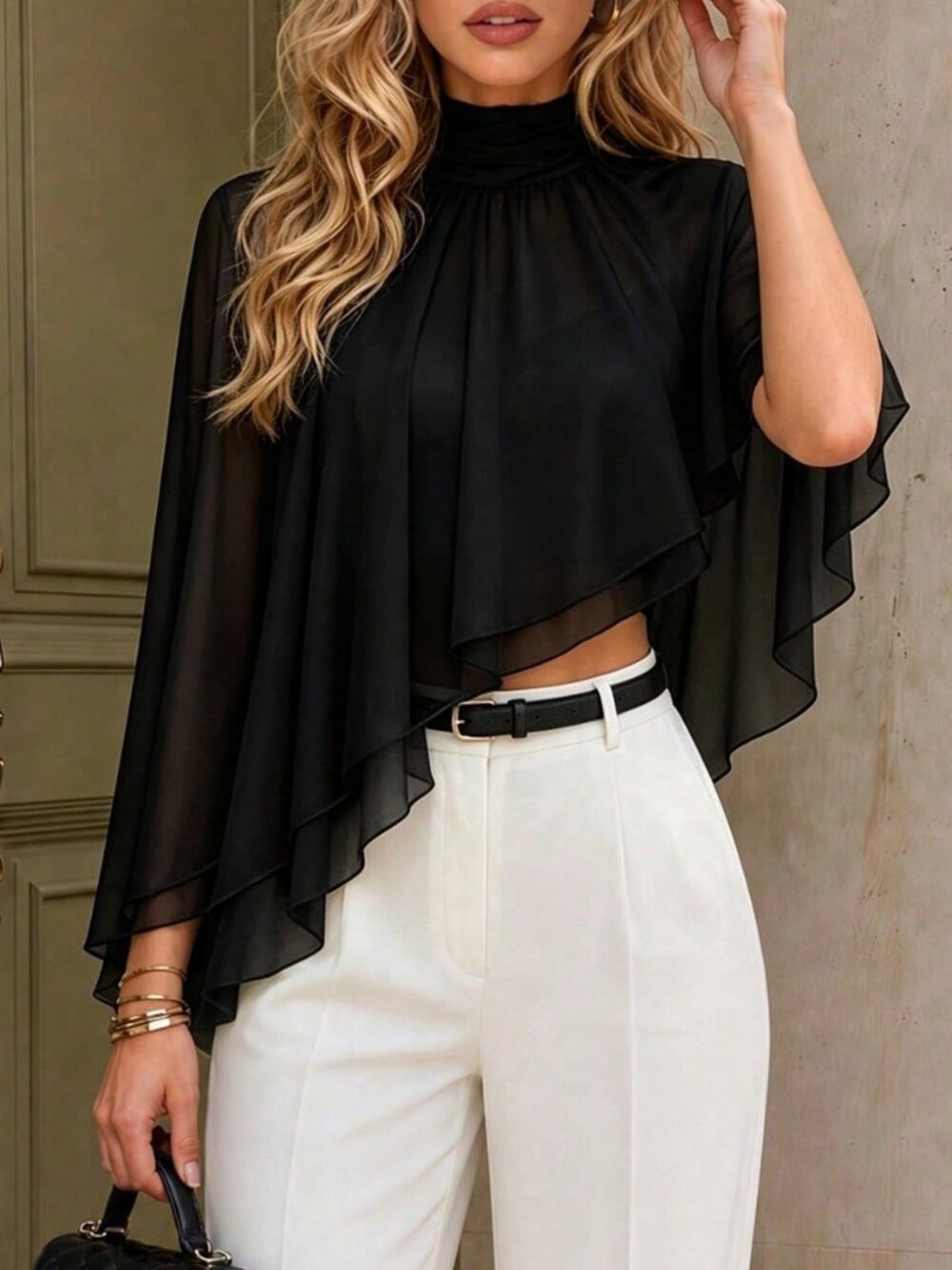 Black Casual Women's Regular Asymmetrical Halter Chiffon Batwing Crop Blouse - Picture 3 of 7